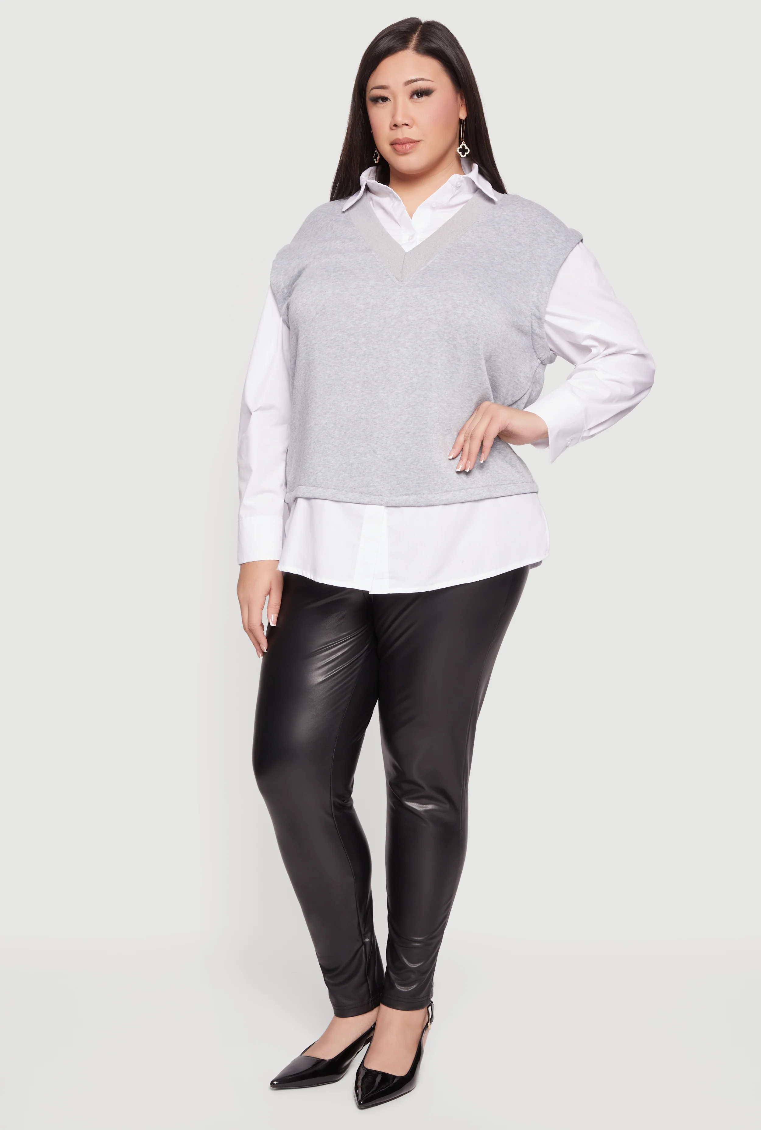 Plus Size Shirt Collar Layered Look Vest
