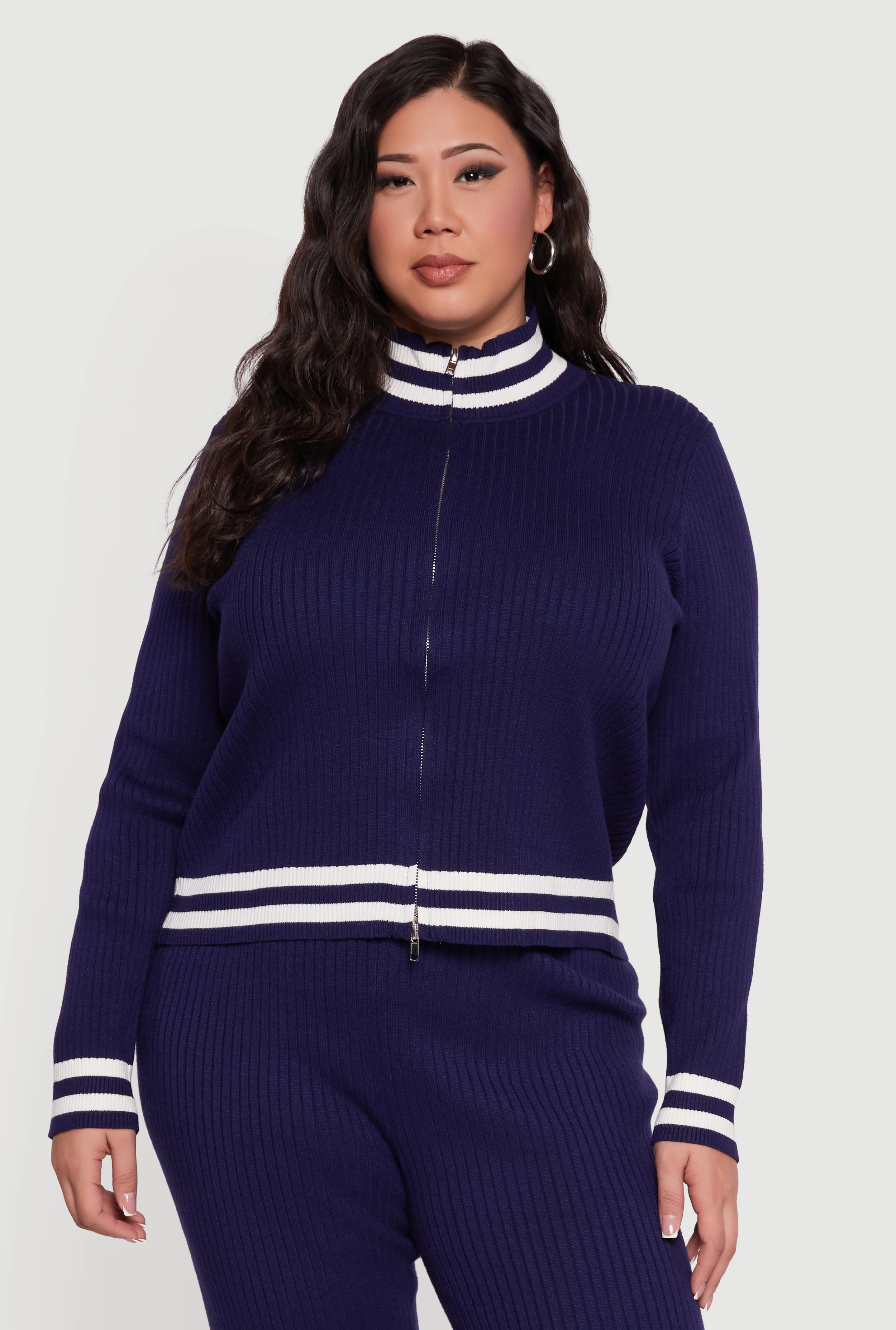 Plus Size Rib Knit Varsity Stripe Zip Front Sweater
