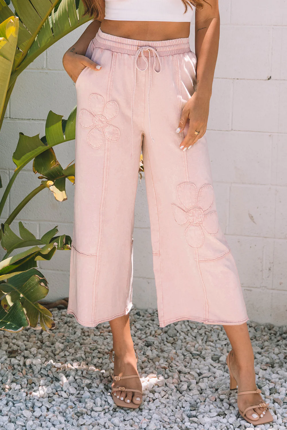 Pink Flower Patch Mineral Washed Terry Knit Cropped Wide Leg Pants