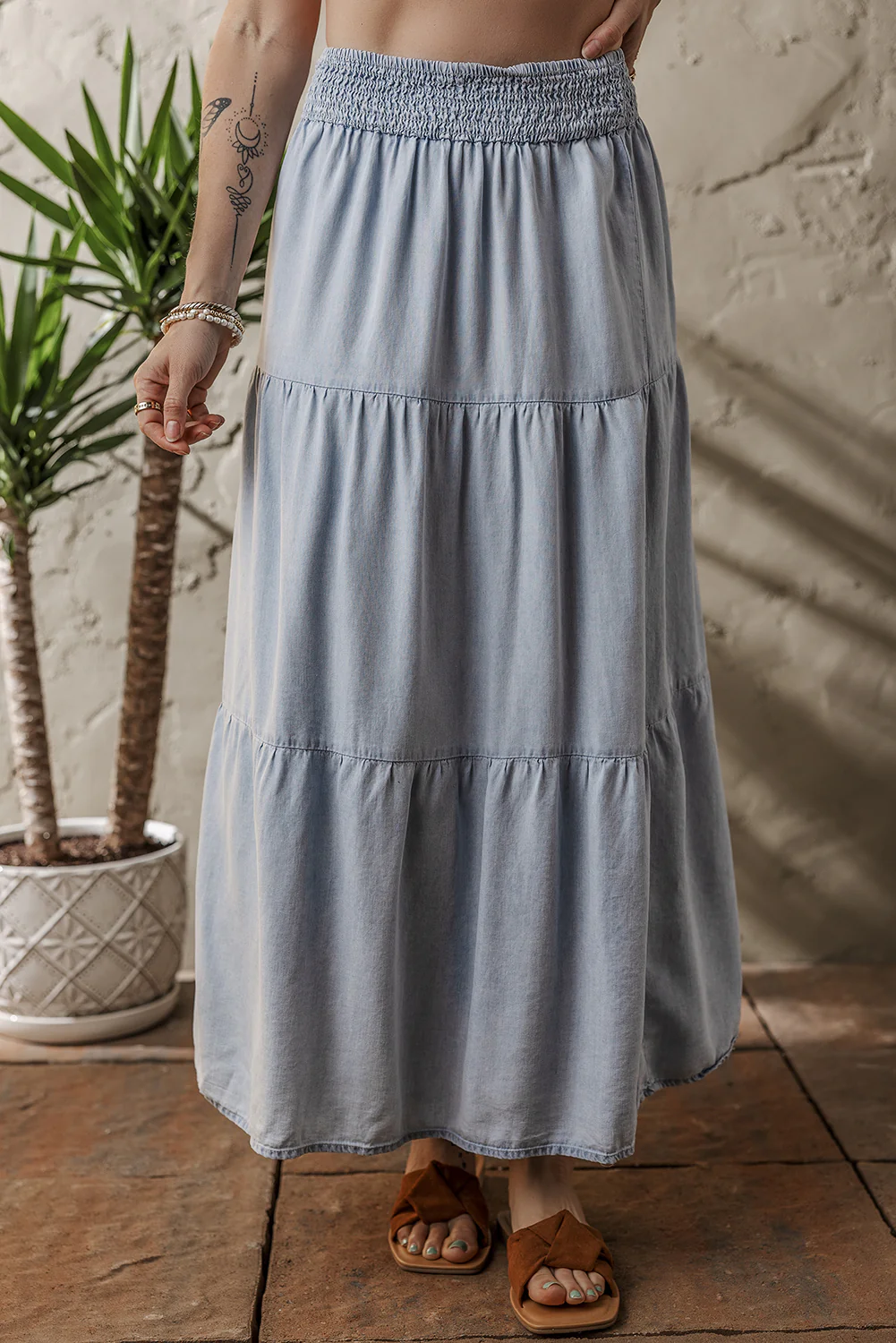 Tiered Smocked High Waist Denim Maxi Skirt