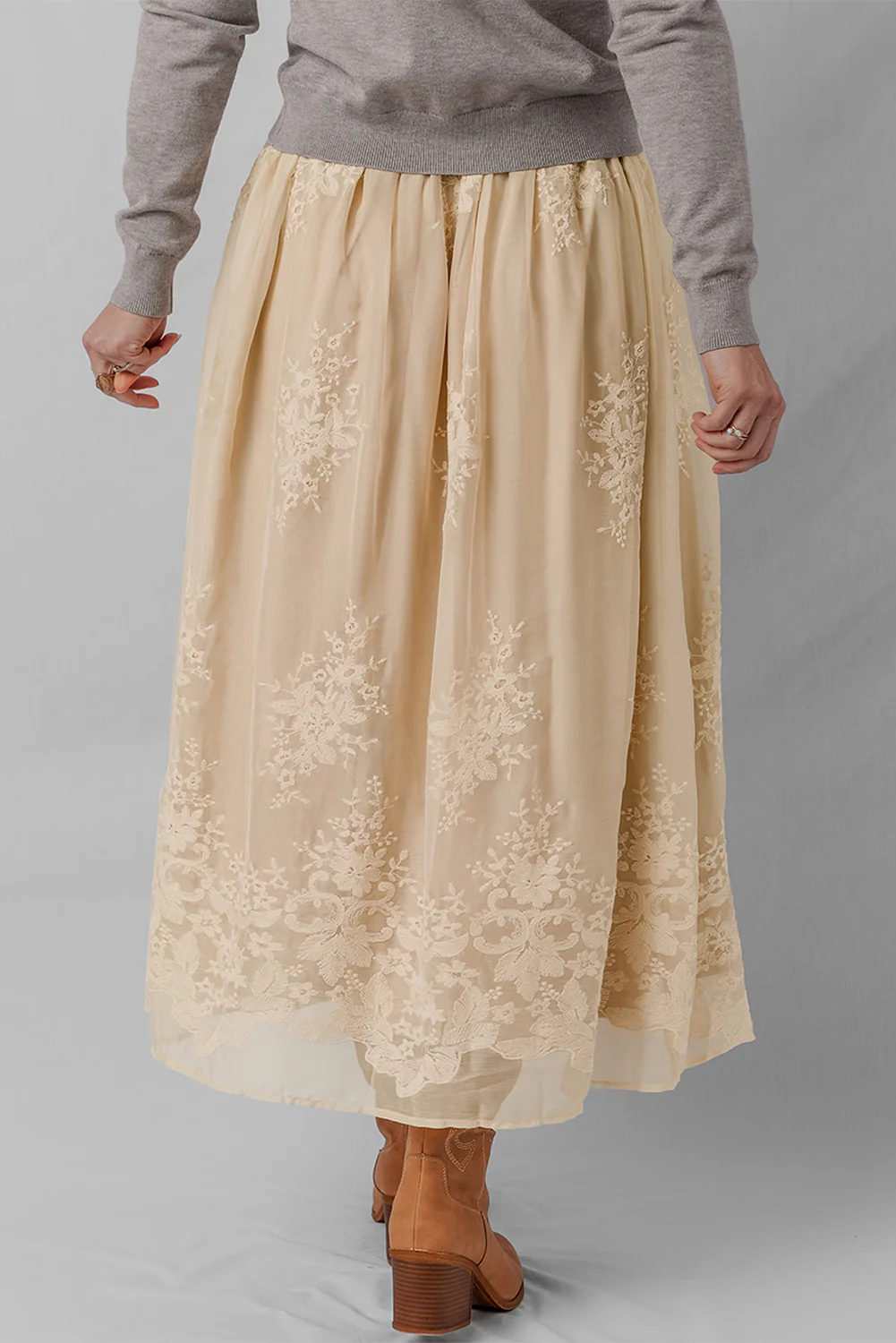 Oatmeal Embroidered Mesh Overlay Flowy Long Skirt