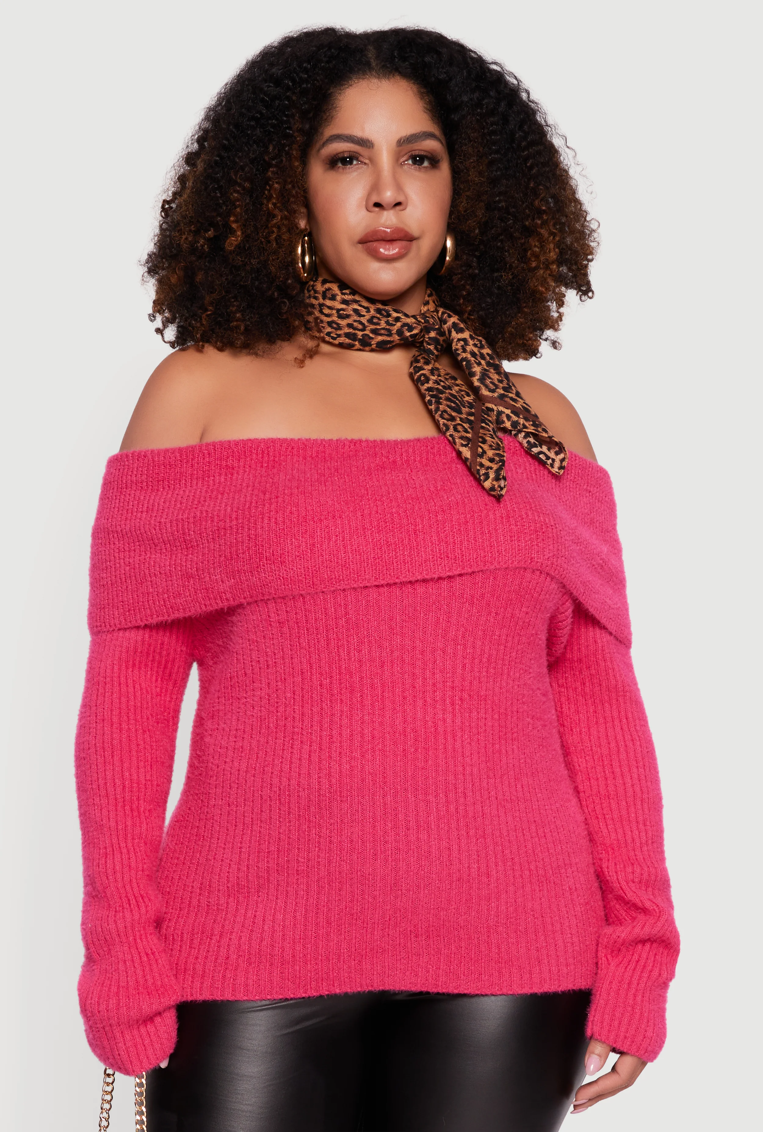 Plus Size Fold Over Off the Shoulder Eyelash Knit Sweater