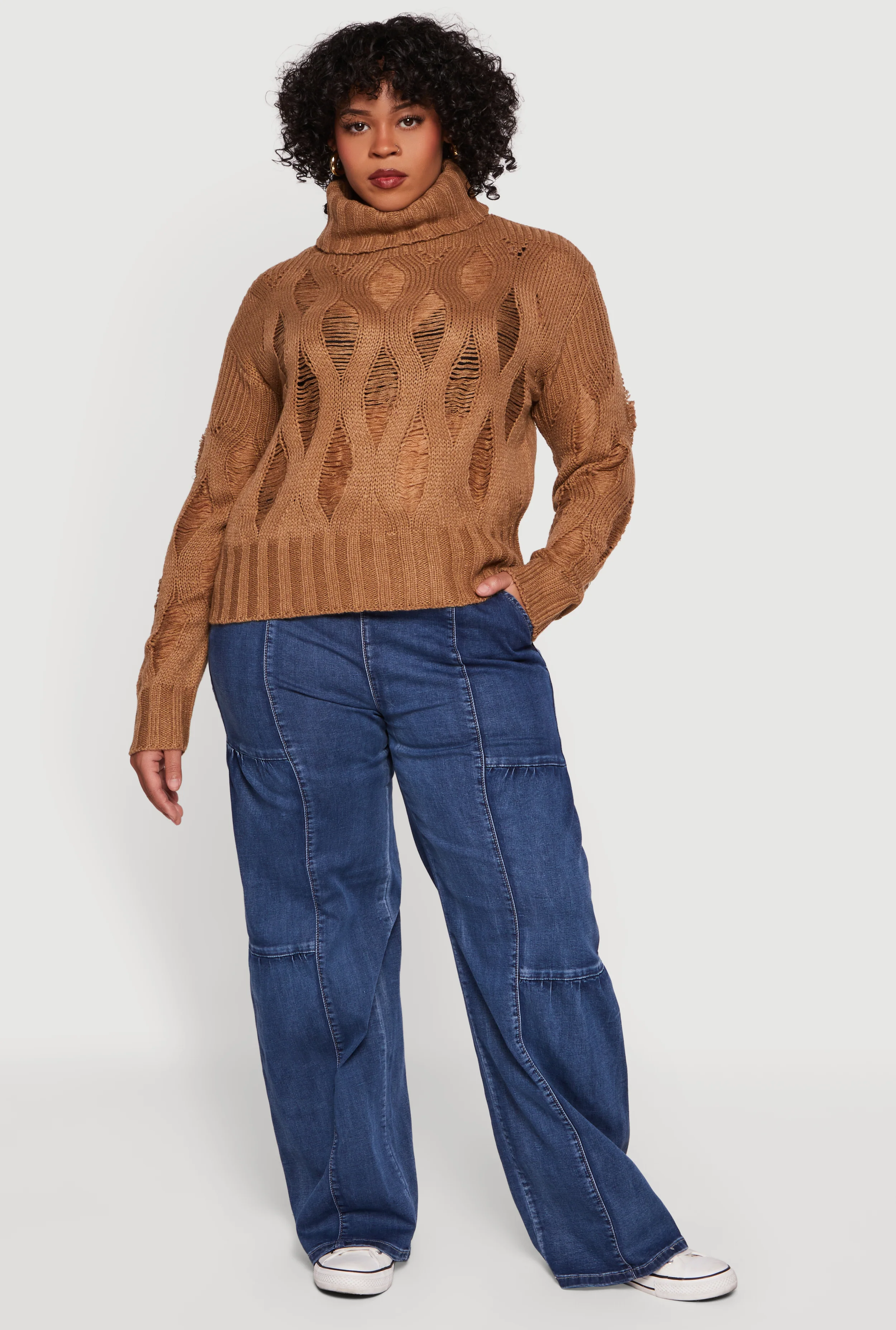 Plus Size Distressed Cable Knit Turtleneck Sweater