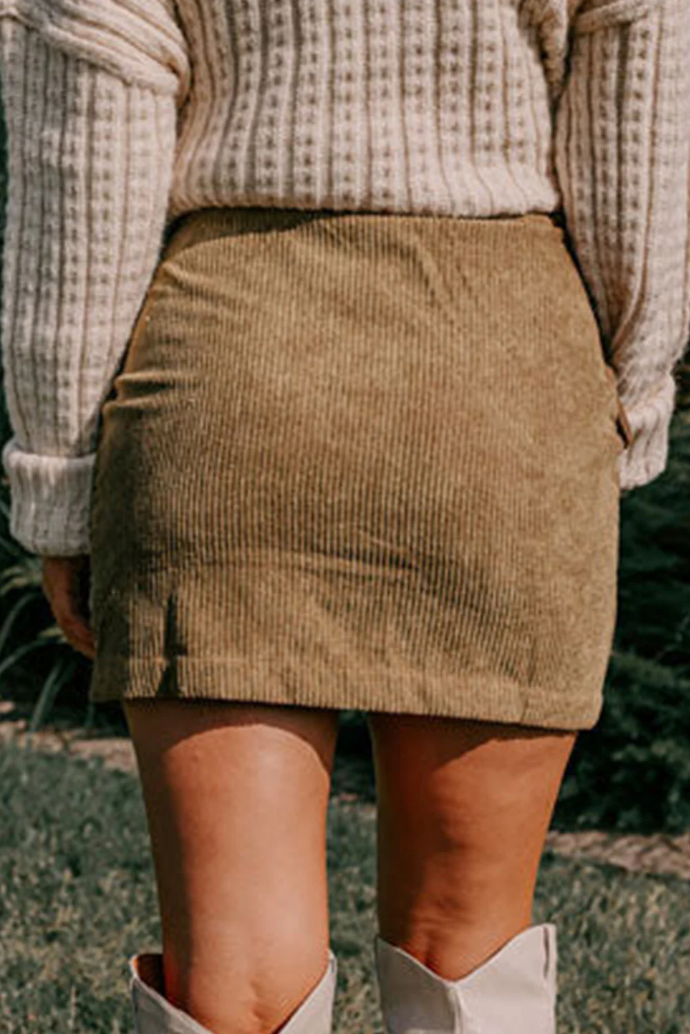 Camel Corduroy Buttoned Front Faux Pockets Mini Skirt