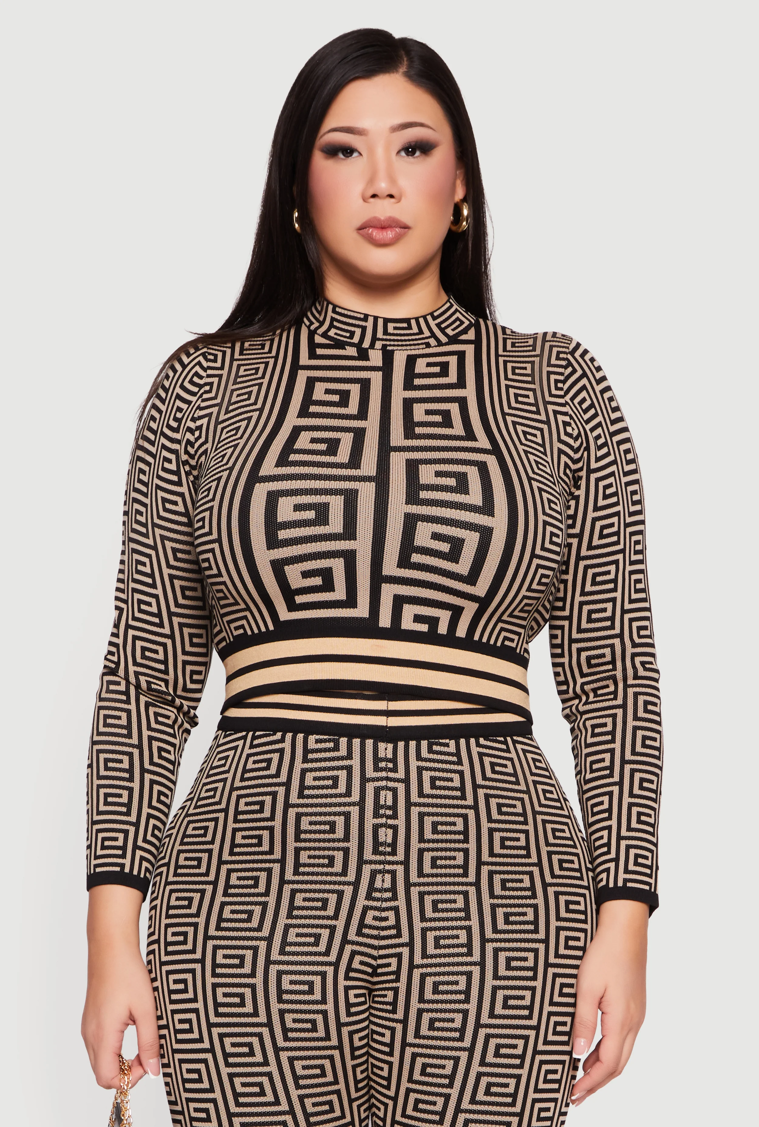 Plus Size Long Sleeve Geometric Print Cropped Sweater