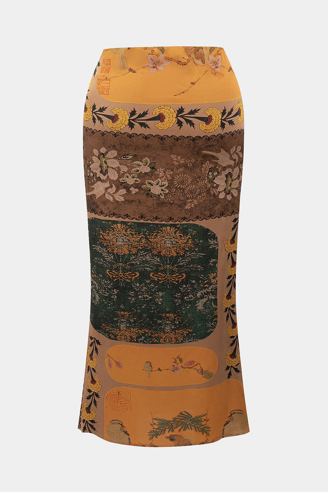 Plus Size Retro Print Satin Tie Front Skirt