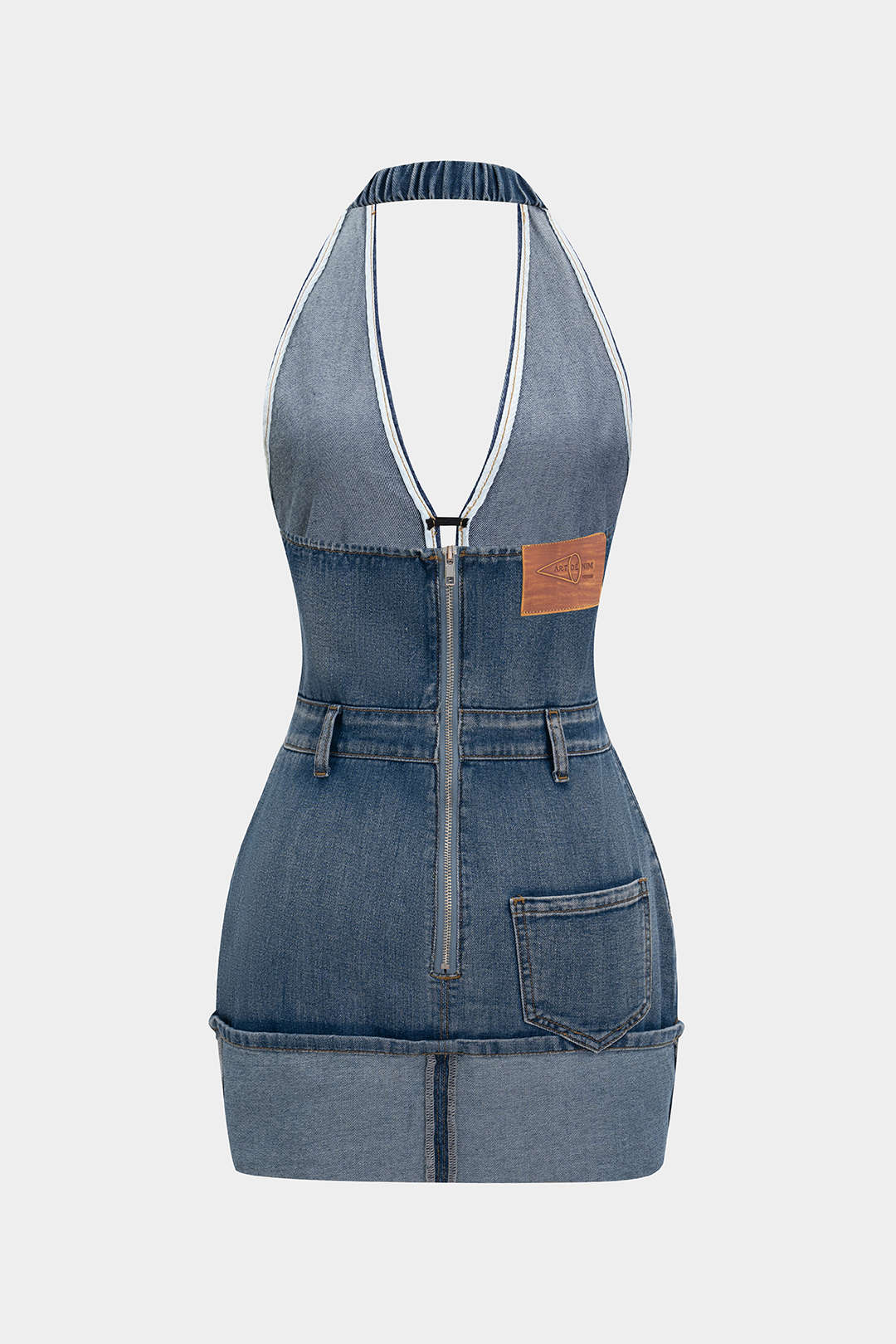 Denim Backless Washed Zipper Halter Mini Dress