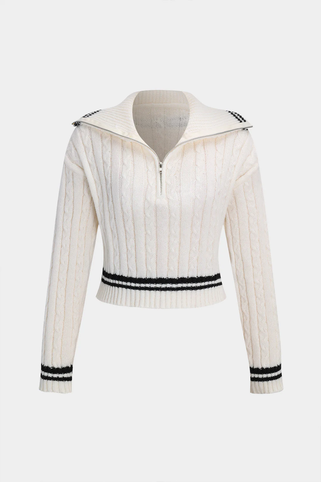 Contrast Knit Zipper Long Sleeve Top And Tie Front Shorts Set